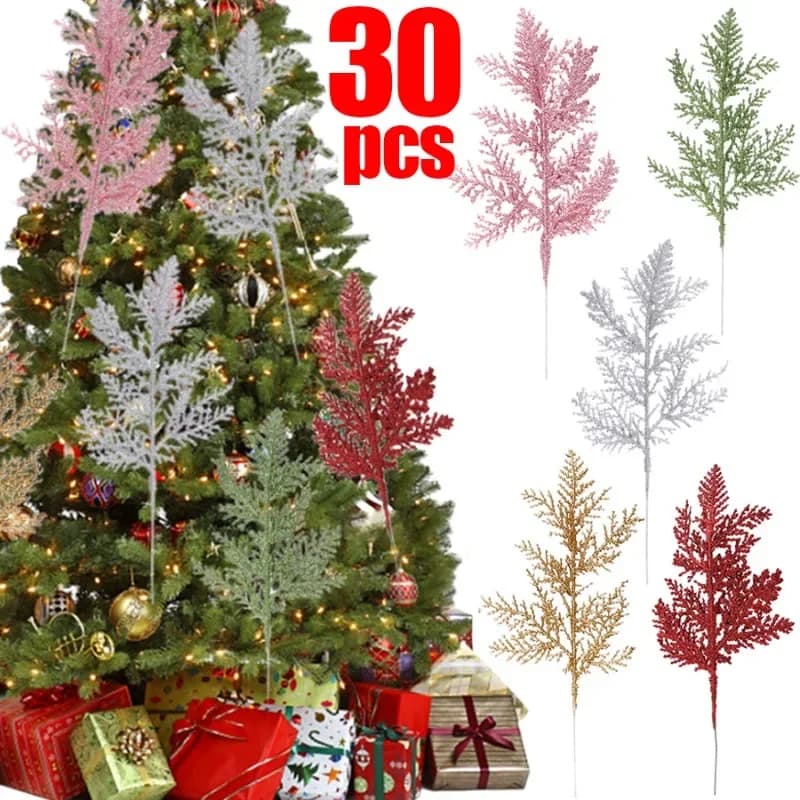 30/5Pcs Christmas Glitter Gold Silver Leaves Xmas Tree Decoration Pendant Artificial Plants Pine Branches Home New Year Ornament