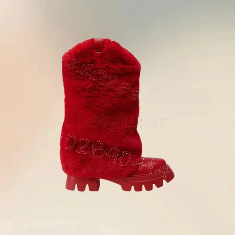 Red Lamb Wool Wave Pattern Bottom Round Toe Boots Slip On Women Shoes Chunky High Heels Party Banquet 2024 Zapatos Para Mujere
