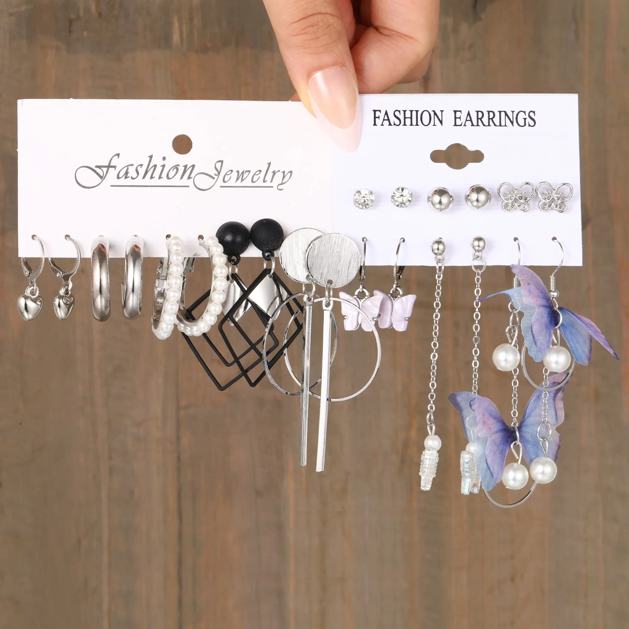 11PCS Women Earring Set Butterfly Square Geometry Pearl Silver Tassel Earring Set