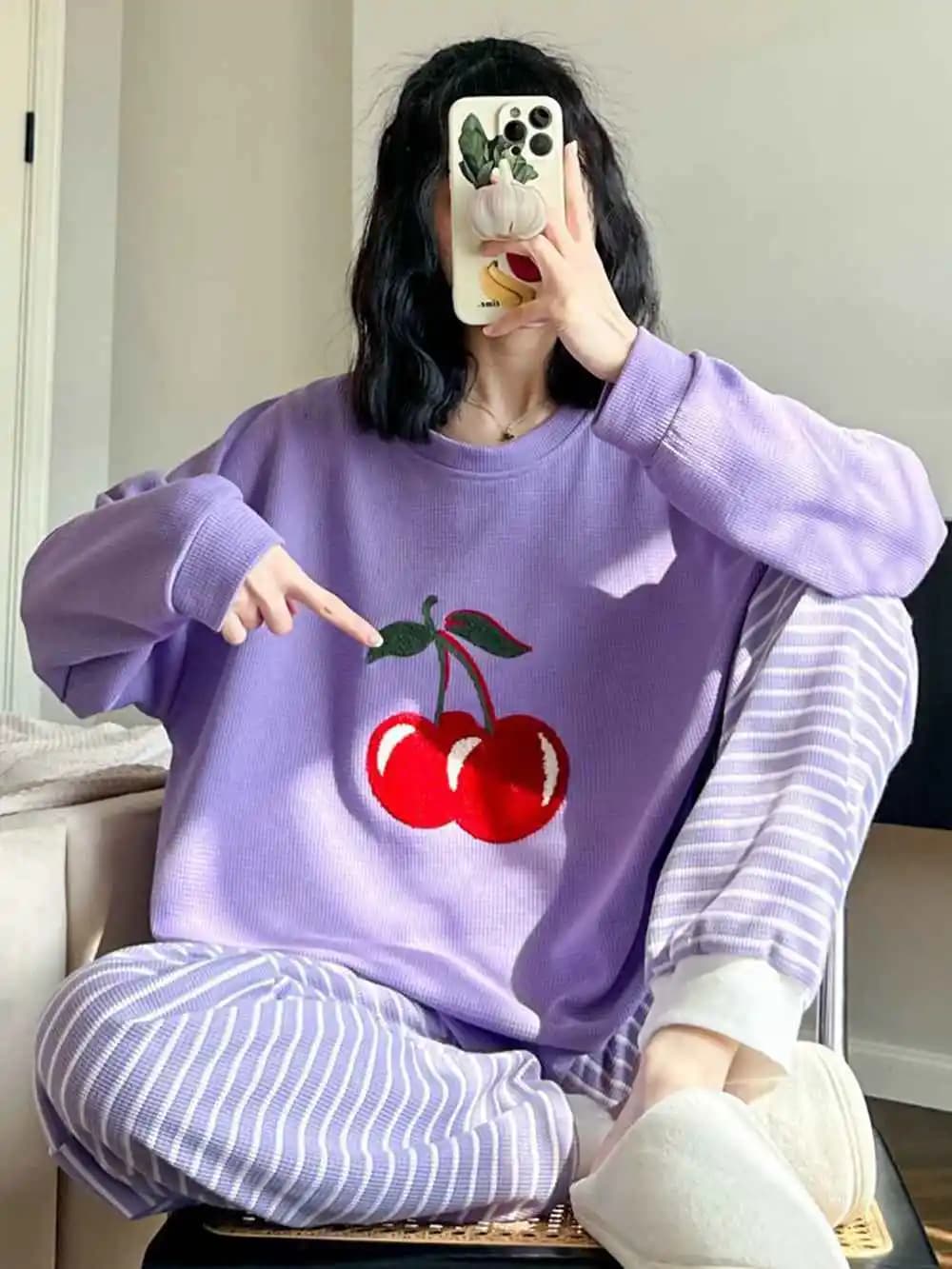 Plus Size 5XL 150kg Spring Pajamas Set for Women Long Sleeve Tops and Pants Sweet Loose Sleepwear Set Home Clothes