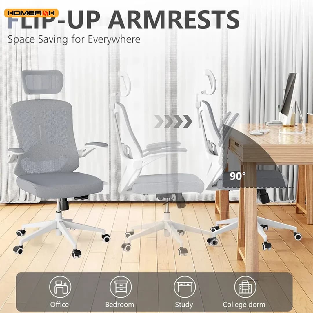 Computer Desk Chair 330.7lb Load Capacity 90 Degree Rotating Armrests Breathable Chair with 5 Wheels for Home