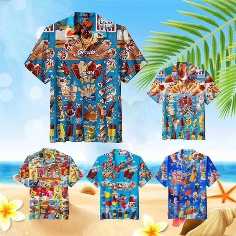 Trendy Cool Fashion Ice Cream Shirts Beach Party 3d Print Hawaiian Shirt unisex Short Sleeve Oversized Blouse Lapel