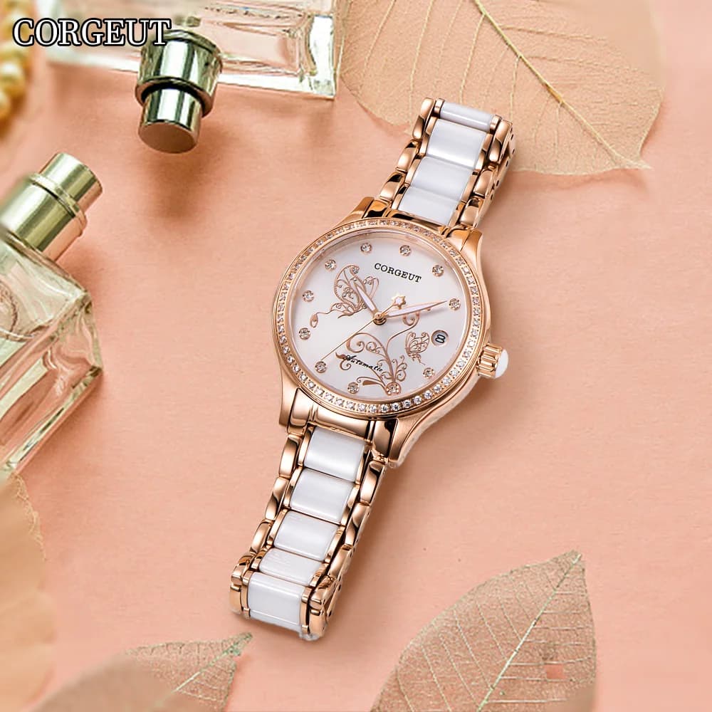 CORGEUT High-end Luxury Daily Casual Dinner Women's Watch Sapphire Glass Automatic Mechanical Watch for Women 50m Waterproof Day