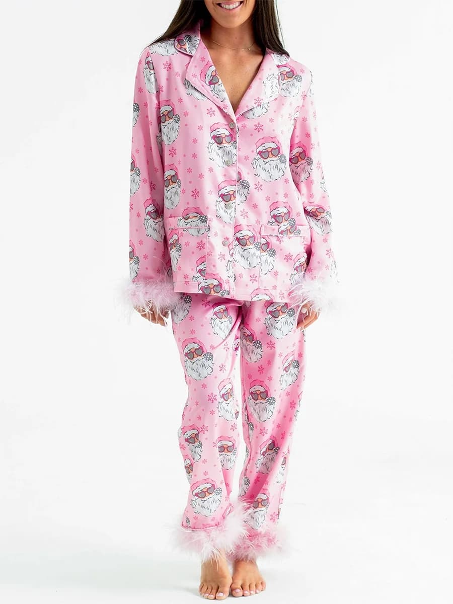 Women Christmas Pajamas Set Santa Print Lapel Neck Button-up Long Sleeve Tops Long Pants Loungewear Plush Trim Outfit