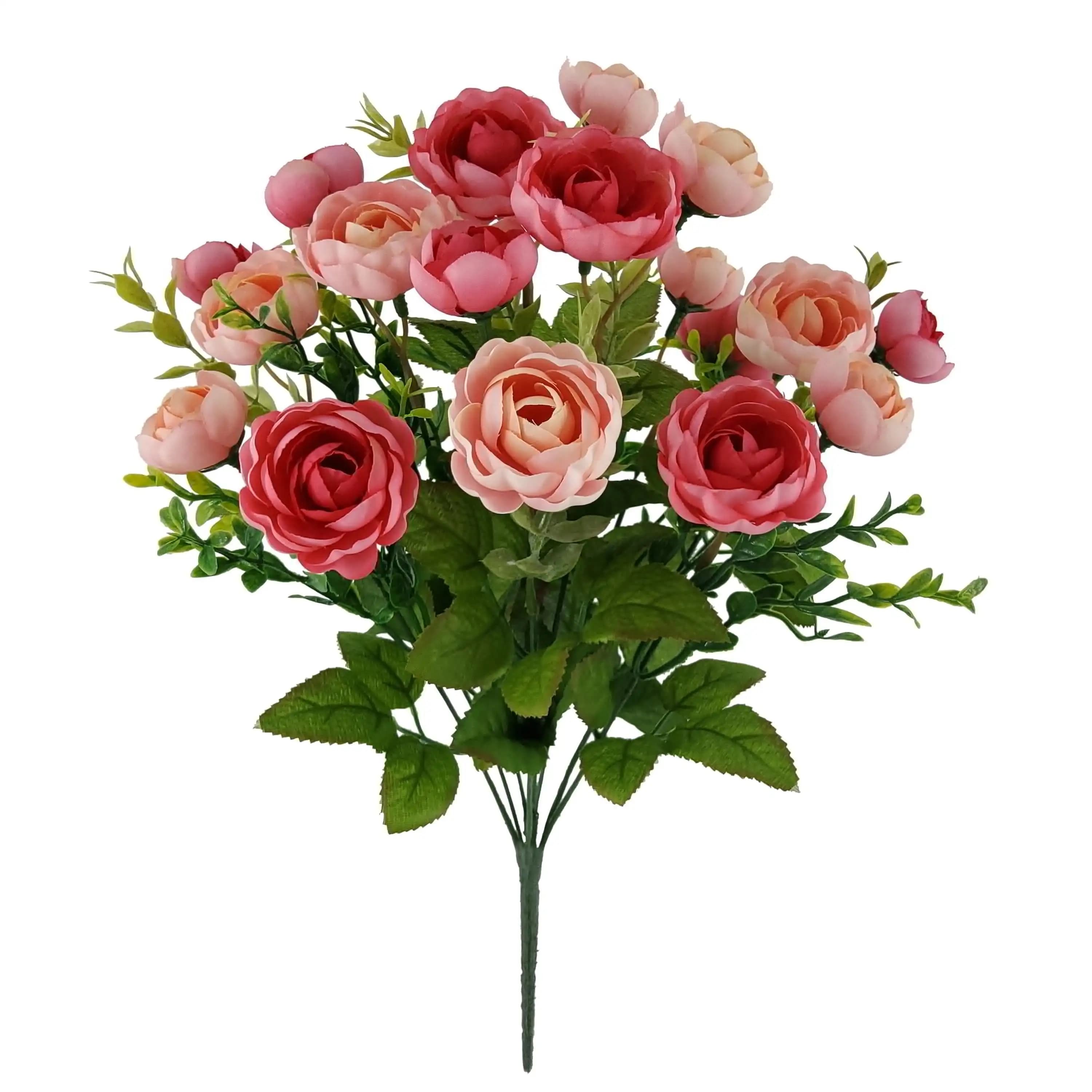 17in Indoor Artificial Mini Ranunculus Bush with Leaves, Orange Color.