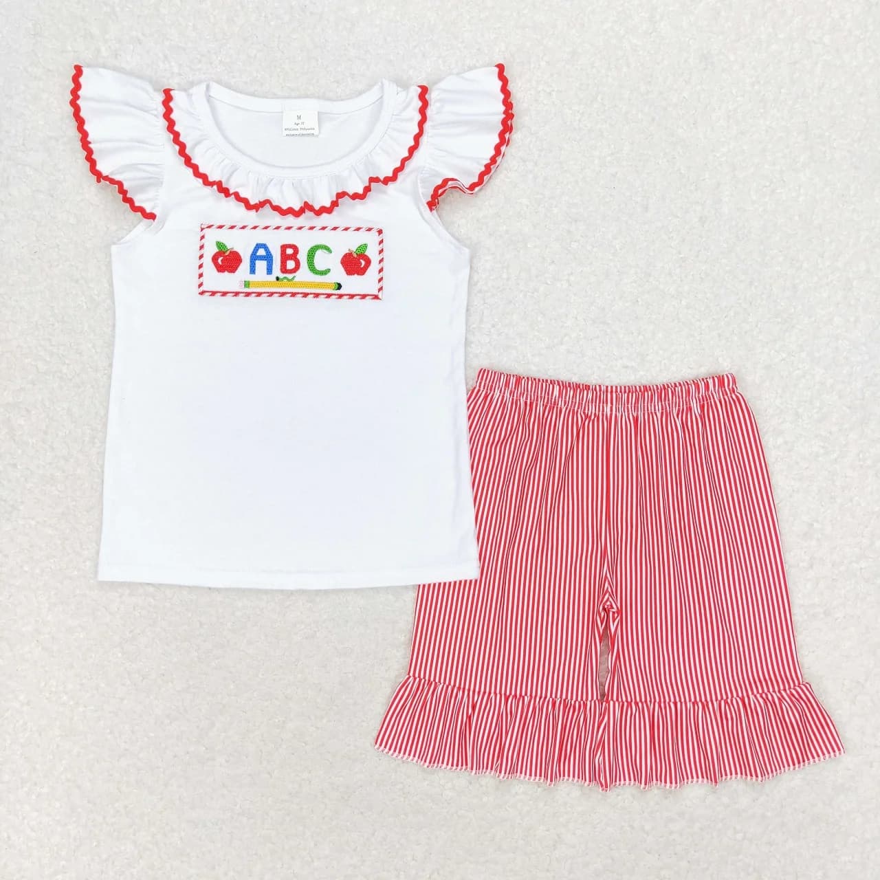 Wholesale Children Short Sleeves Embroidery Shirt Red Stripes Ruffle Shorts Kids Set Toddler Back to School Baby Girl Outfit