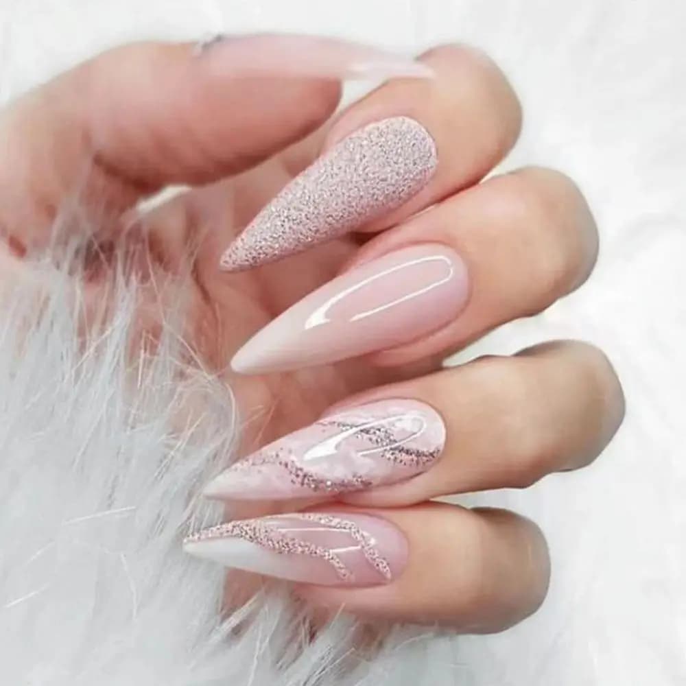 24Pcs Long Pointed Stiletto Full Cover Artificial Fake Nails Smudged Glitter Pink Wearing Reusable False Nails Press on Nail Art