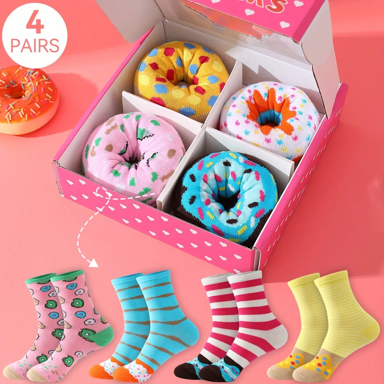 Four doubles colorful interesting donut pattern tide socks four seasons suitable for Halloween Christmas Valentine's Day gifts