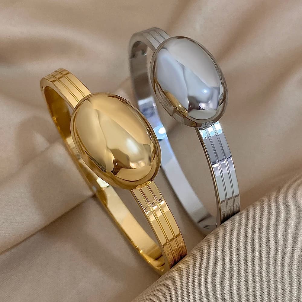 AENSOA Chunky Gold Color Oval Ball Wide Stainless Steel Open Cuff Bangles Bracelets for Women Men Punk Geometry Wrist Jewelry