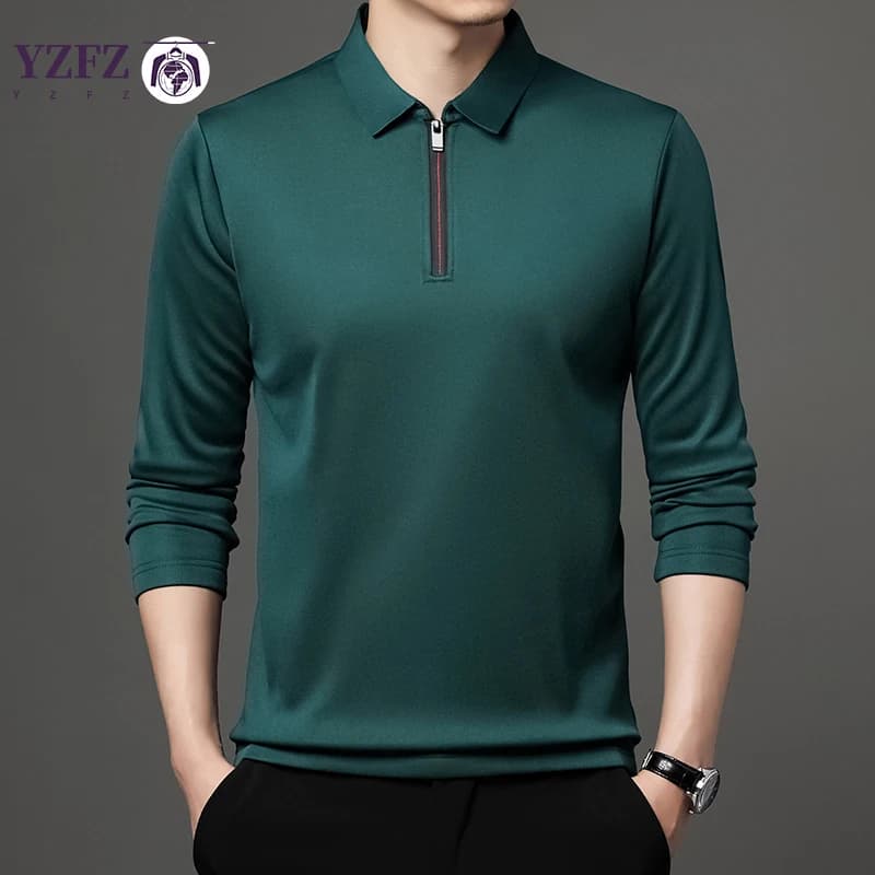 Solid Color Long Sleeve Polo Shirt Fashion Zipper Men's Polo Neck Top Polo Collar Long Sleeve T-shirt