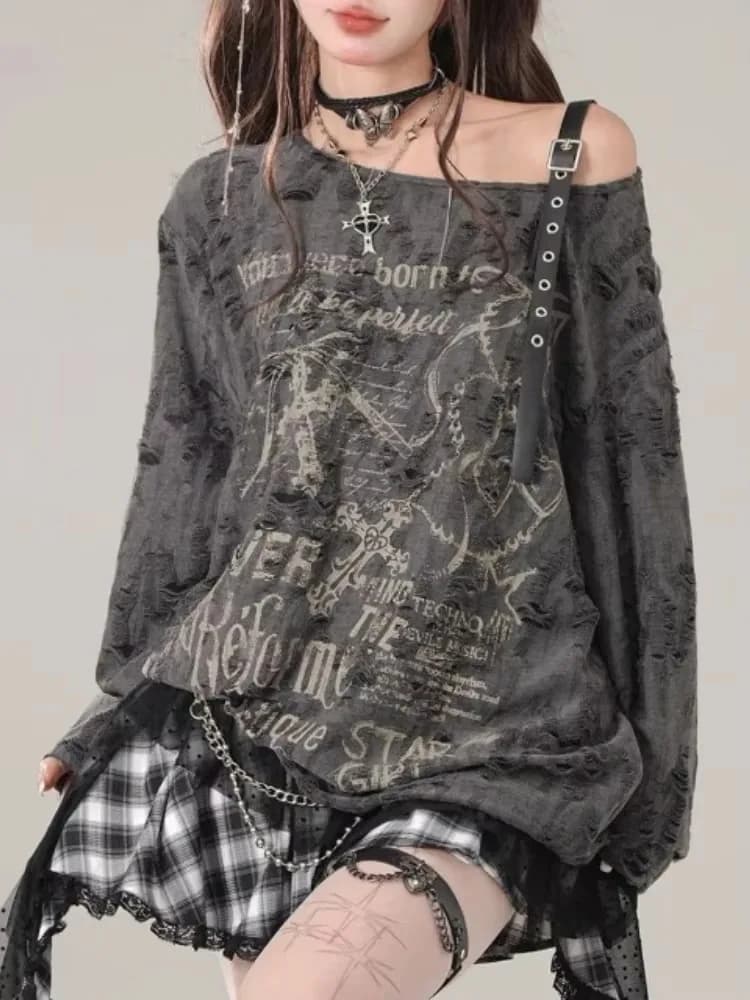 Y2k Gothic Grunge Dark Hollow Out T Shirt Women Harajuku Hollow Out Off Shoulder Sexy Tees Autumn Punk Letter Print Tops New
