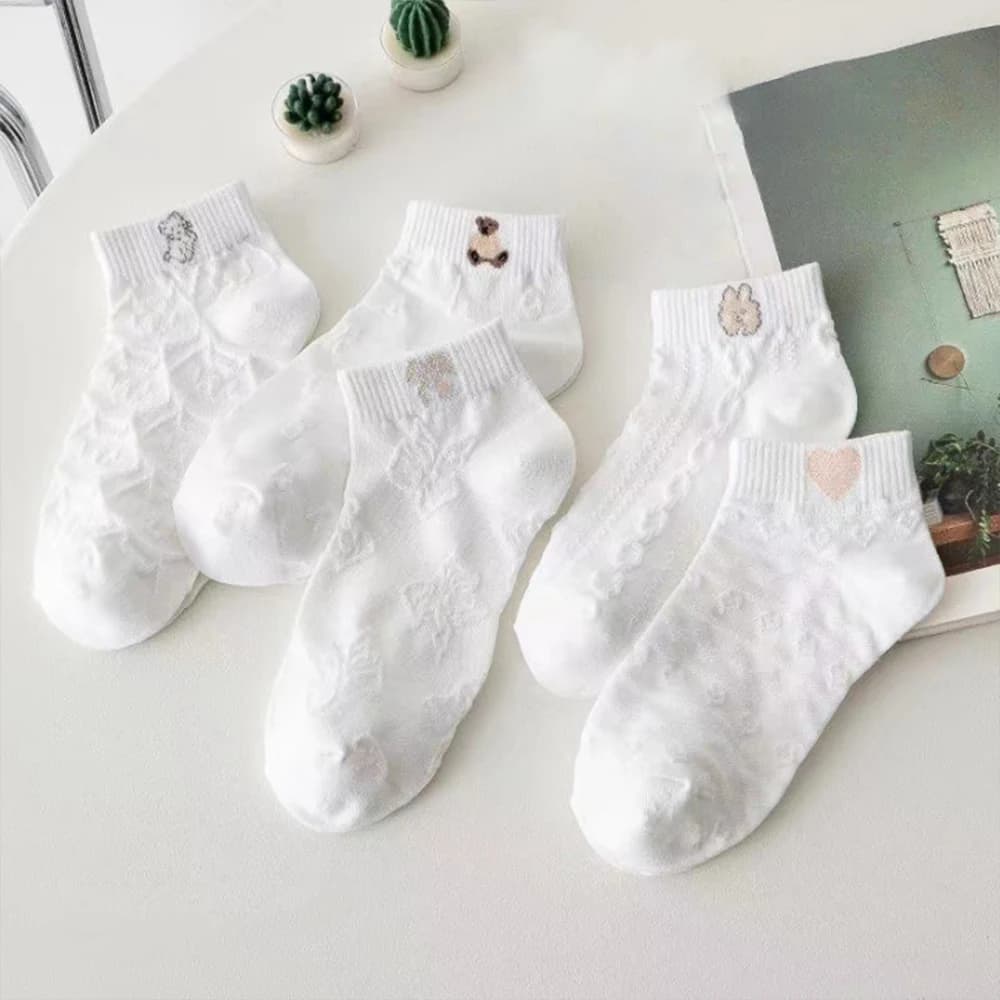 5 Pairs Women's Cute Short Socks Cartoon Pattern Pure High Quality Thin Summer Autumn Breathable Comfortable Girls' Short Socks