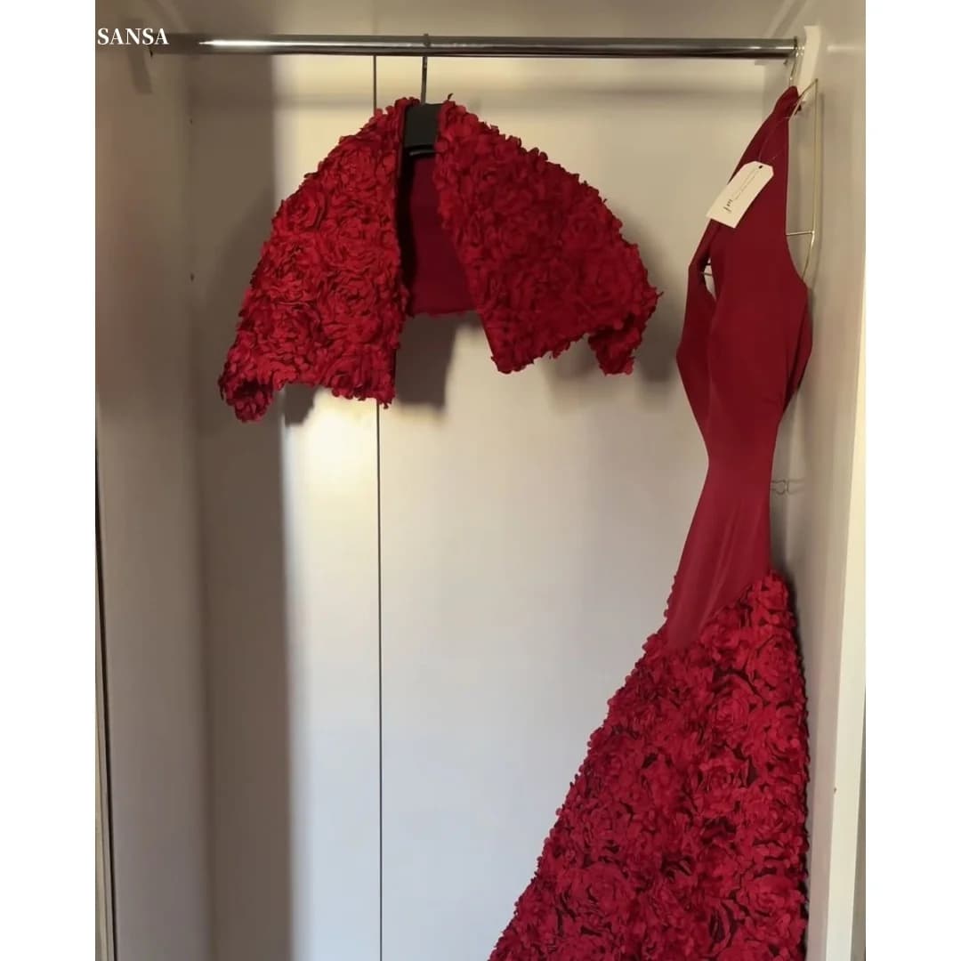 Sansa Customized Red Shawl Halter Neck Prom Dresses 3D Flowers فساتين للمناسبات الخاصة V Neck Floor-Length vestidos de festa
