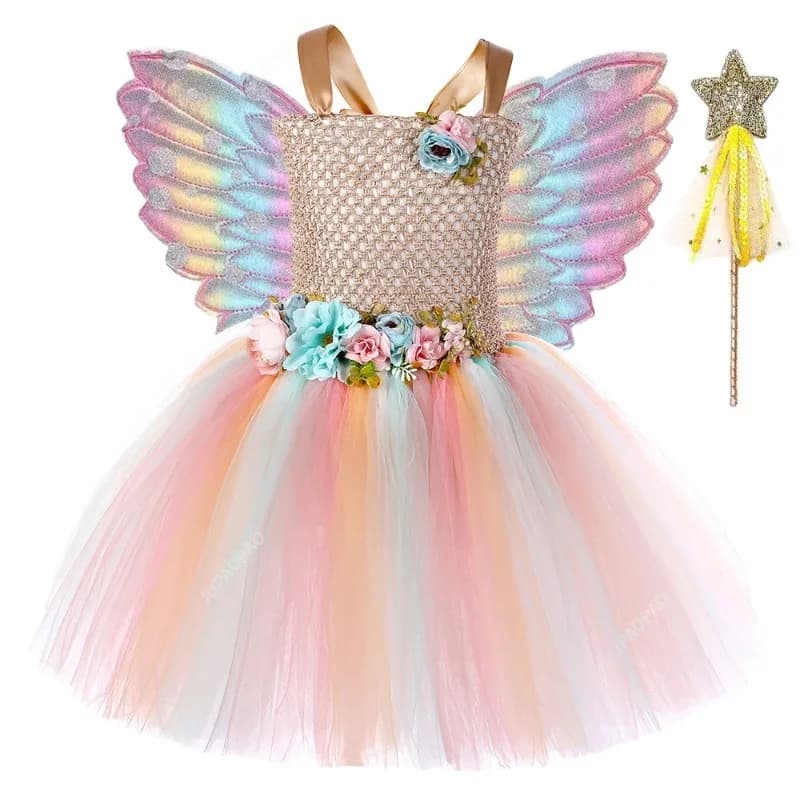 Flower Girls Fairy Tutu Dress with Wings Halloween Cosplay Butterfly Fairy Costume for Kids Birthday Party Tulle Princess Dress