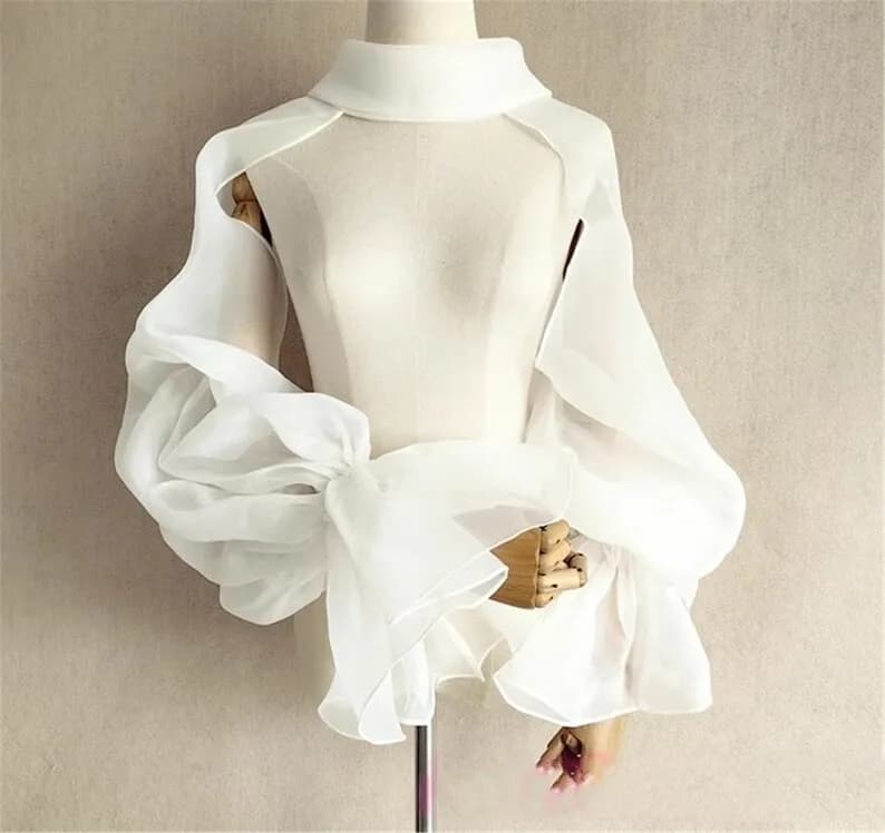 Organza Wedding Shrug Puffy Full Trumpet Sleeves High Neck Backless Bride Bolero Bridal Jacket Formal Party Shrug Women Cape