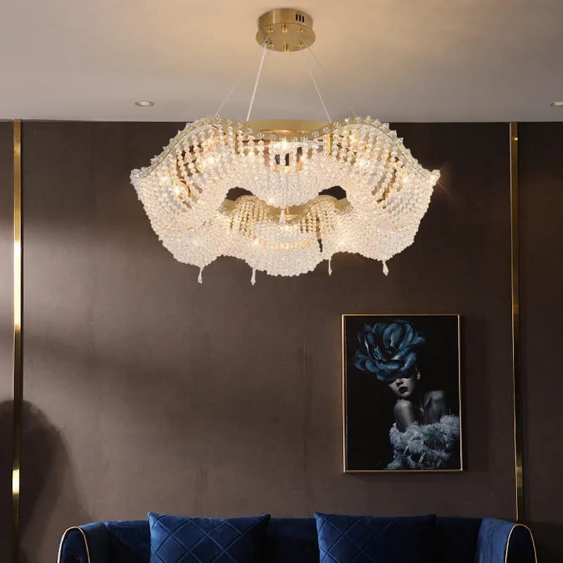 Crystal living room, stainless steel, wavy round, light luxury, post-modern dining room, high-end simple chandelier