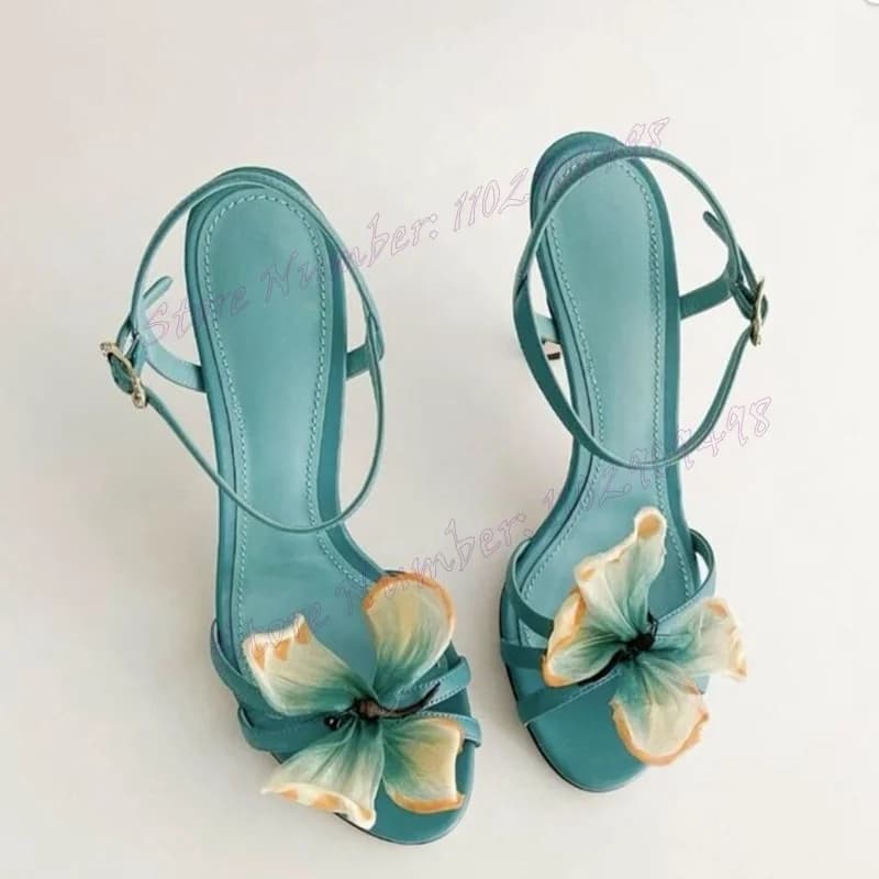 Blue Flower Decor Ankle Buckle Sandals Open Toe Shoes for Women Stilettos High Heels Evening Shoes 2024 Zapatos Para Mujere