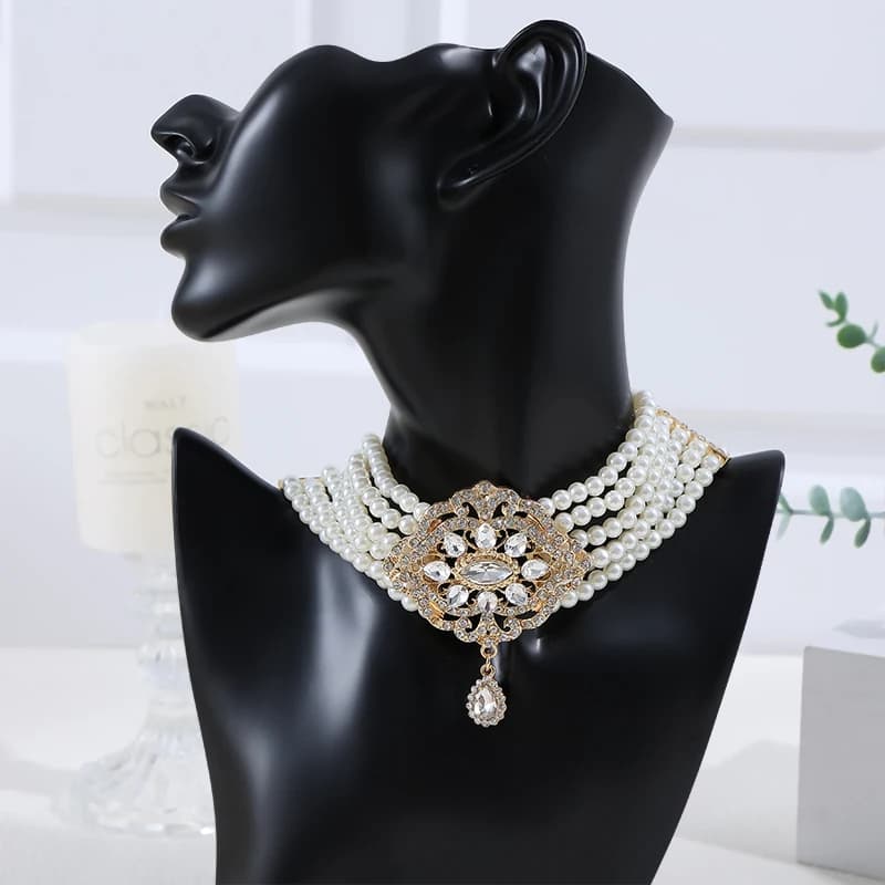 Moroccan Women Necklace Symmetry Style Pearl Chain Gold Plated Rhinestone Arabic Wedding Headwear Ladies Party Valentines Gifts