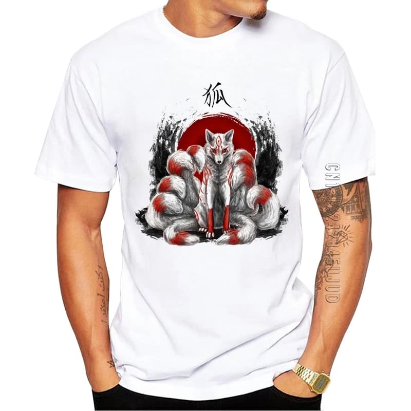 100% Cotton Vintage Fox Design Men T-Shirt Japanese Nine Tailed Fox Kitsune Printed Graphic Tshirt Hipster Tops O Neck Funny Tee