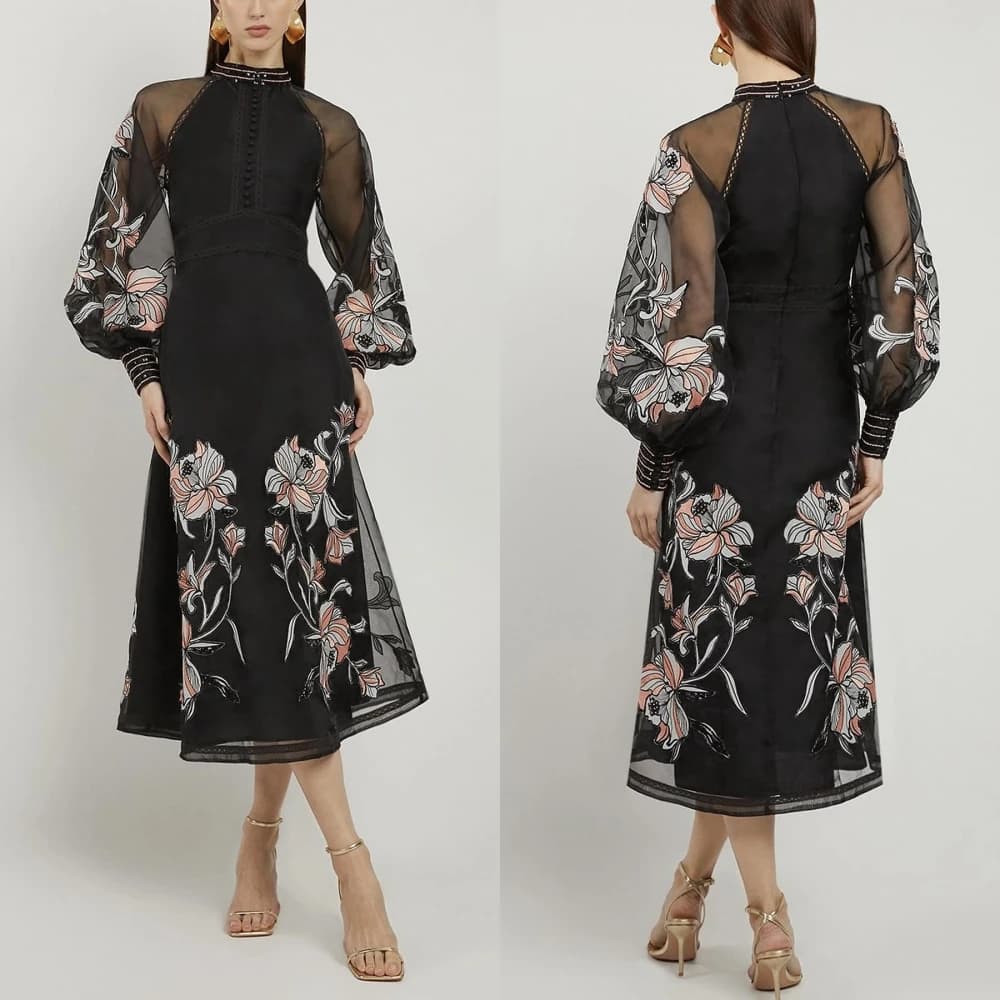 Customized Jersey Applique Button Graduation Straight High Collar Bespoke Occasion Gown Midi Dresses