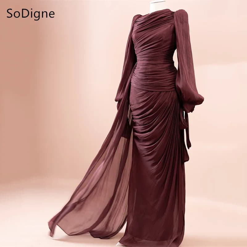 SoDigne Arabic Evening Dresses Full Sleeve O Neck Pleat Formal Dress Floor-Length Wedding Guest Prom Party Gown 2025 Customized