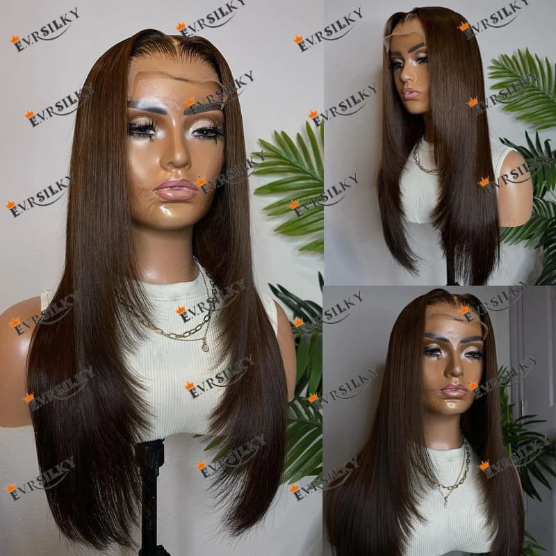 100% Human Hair 5x5 Transparent HD Lace Wigs for Black Women Pre Plucked Dark Chocolate Brown Silky Straight Full Lace Wigs Remy