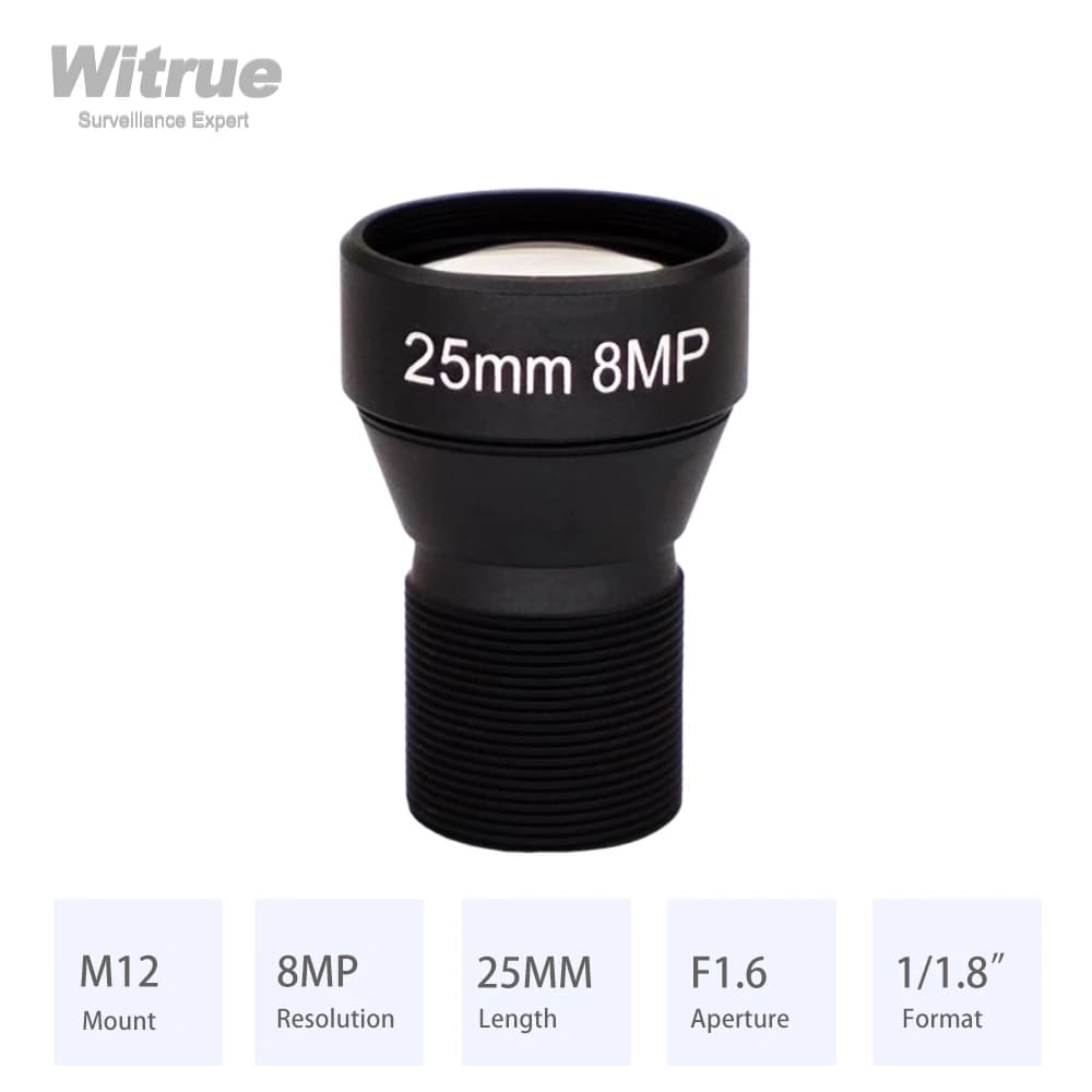 Witrue HD 4K 8MP CCTV lens 25MM M12 Mount Low Distortion Aperture F1.6 Format 1/1.8" with 650nm IR filter for Action Camera