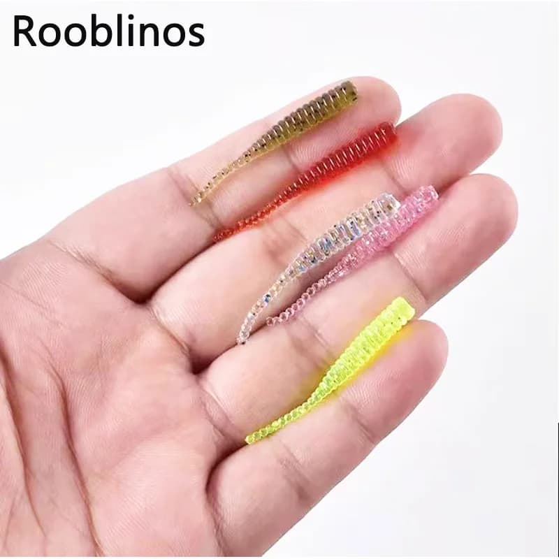 Rooblinos 20pcs Single Needle Tail Worm Micro 44mm Fishing Lure Ajing Small Rockfish Silicone Isca Artificial Bait Luminous Jig