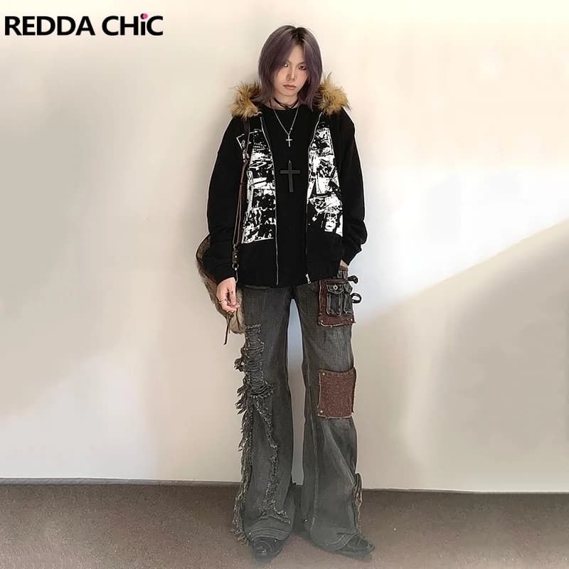 REDDACHiC Patchwork Cargo Pockets Flare Jeans Women Pants Punk Studded Low Waist Ripped Tassels Bell Bottoms Vintage Streetwear
