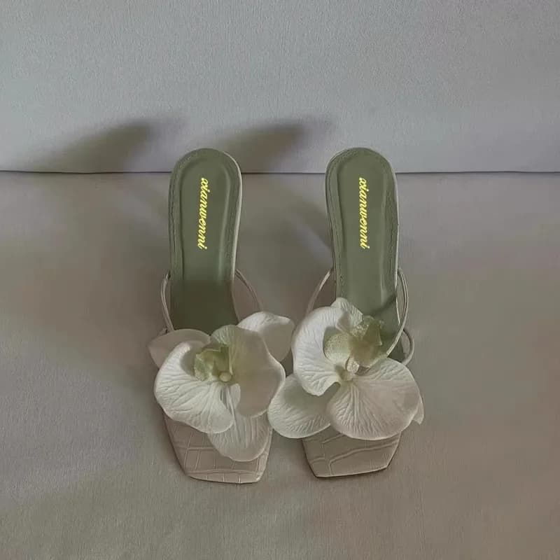 Brand Shoes Female 2024 Summer New Elegant Flowers Design Women's Slippers Casual Fashionable Outer Wear High Heel Slides Women