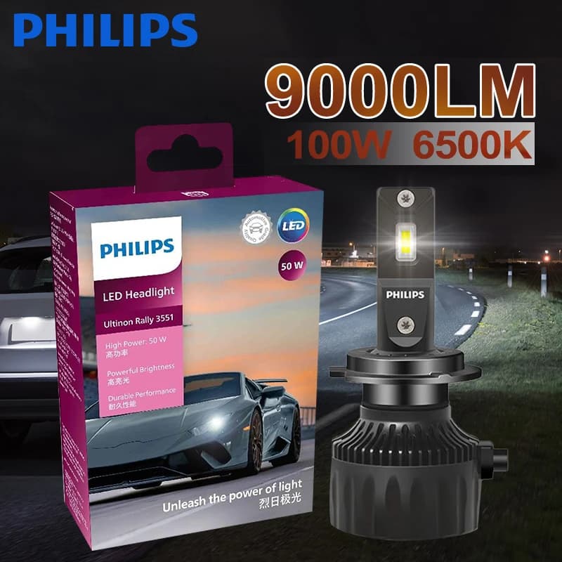 Philips Ultinon Rally 3551 LED H4 H7 H11 HB3/4 H18 H19 HIR2 Car Headlight 6500K White Max Power 100W Max Lumen 9000lm LED Bulb