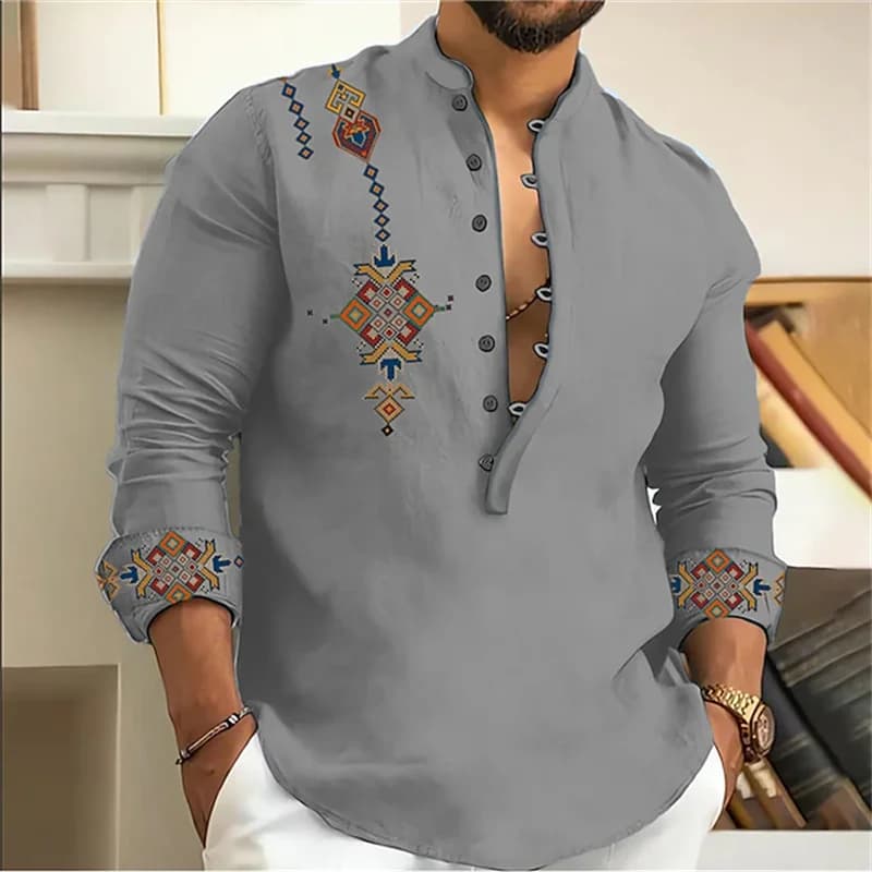 15-color men's shirt tribe pattern printing retro geometry leads outdoor street long-sleeved shirt super large size XS-6XL