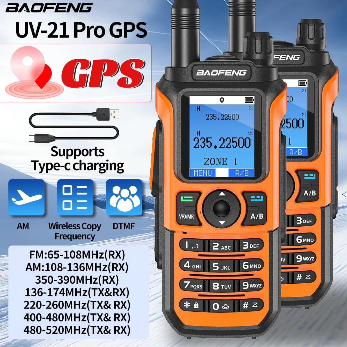 2PCS Baofeng UV 21 GPS AM/FM Wireless Copy Frequency Walkie Talkie Long Range Waterproof Type-C Charger Ham Radio UV 17 PRO GPS