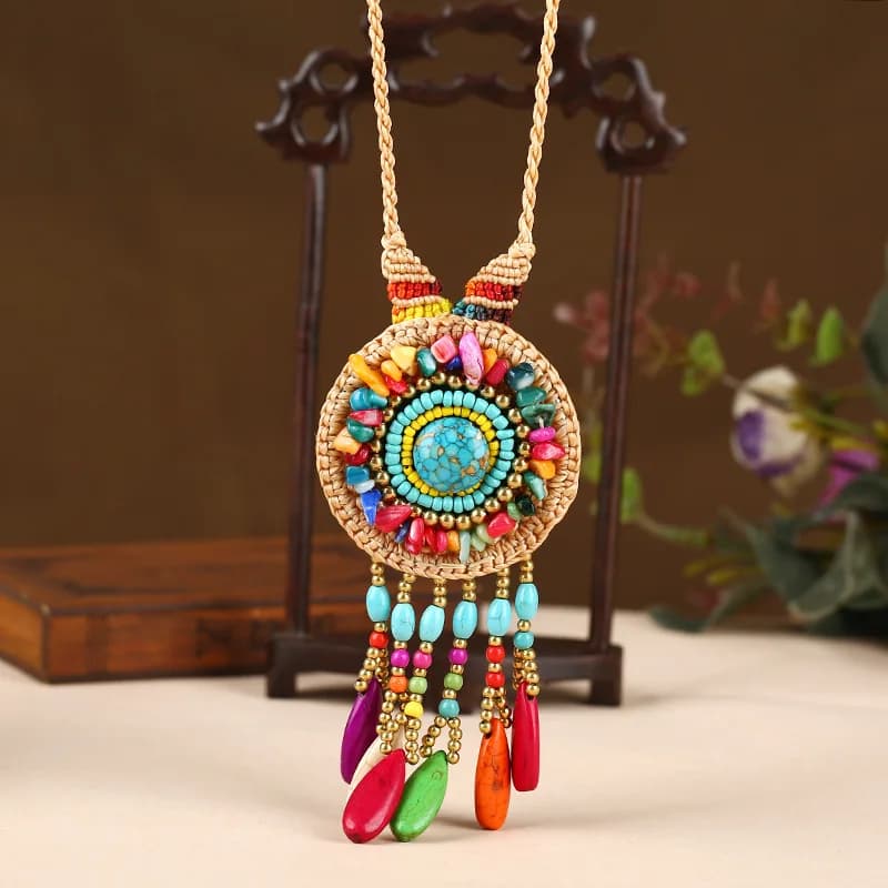 2022 New Ethnic Style Wax Thread Hand-woven Women's Sweater Chain Fashion Turquoise Gravel Hanging Spike Long Necklace Jewelry