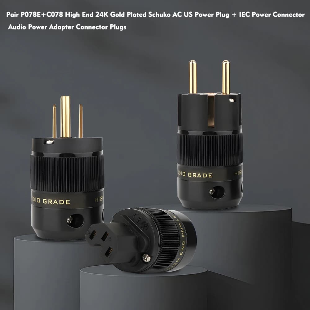 One Pair P077+C077 Pure Copper Rhodium Plated US AC Power Plug Connector HIFI