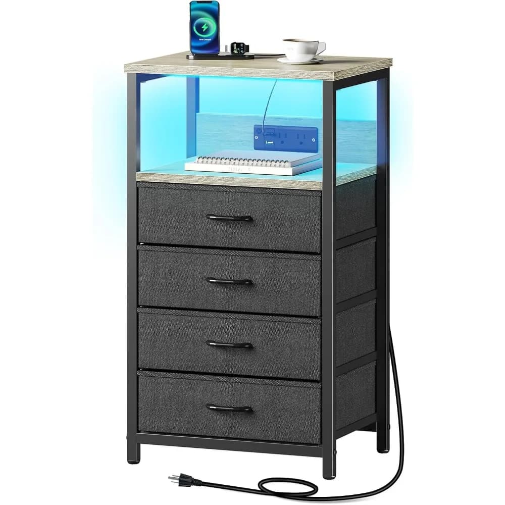 Nightstand with Charging Station, Bedside Table with LED Lights, Side Table with Fabric Drawers, Tier Storage Night Stand Table