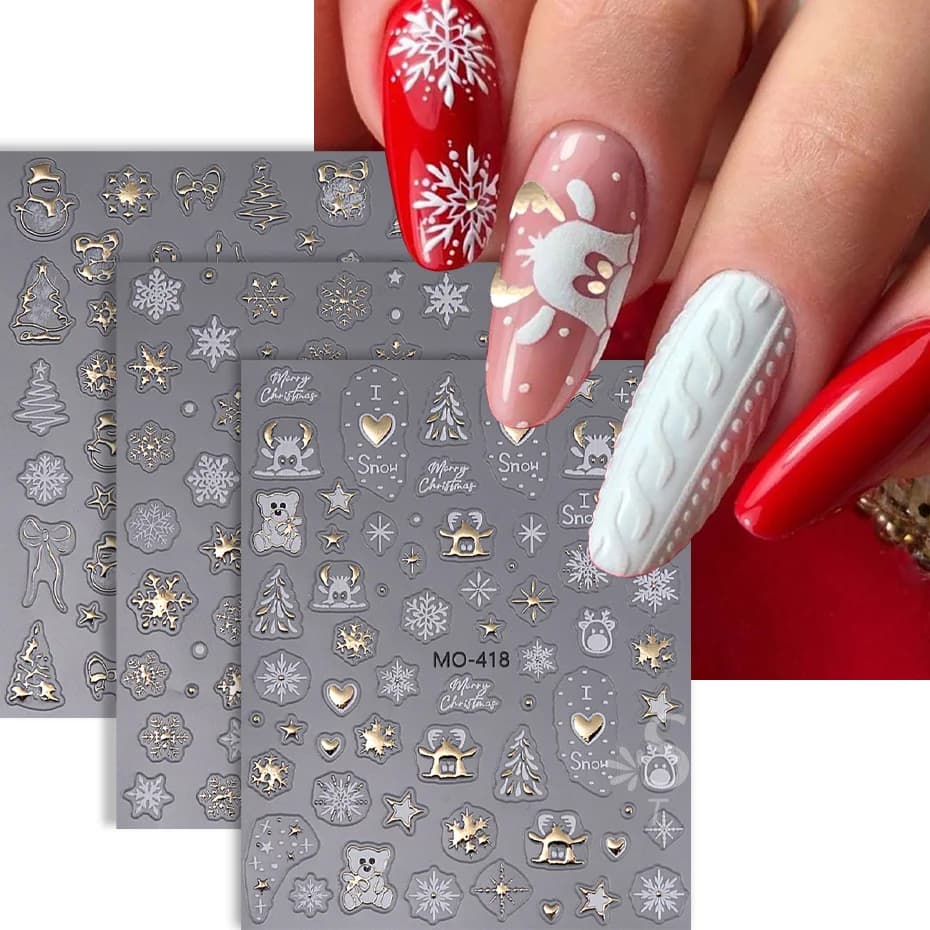 5D Christmas Nail Stickers Gold White Elk Snowflake Snowman Bow Star Tree DIY Winter Xmas Decal Slider Manicure Art Decoration