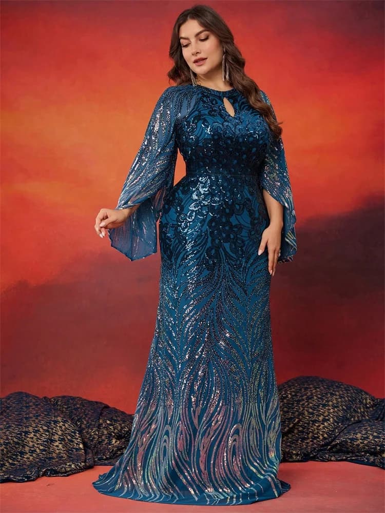 BLUEPLUM Plus Size Elegant Long Sleeves Sequins Blue Evening Dress Women Luxury Formal Floor LenghtParty Prom Cocktail Gowns
