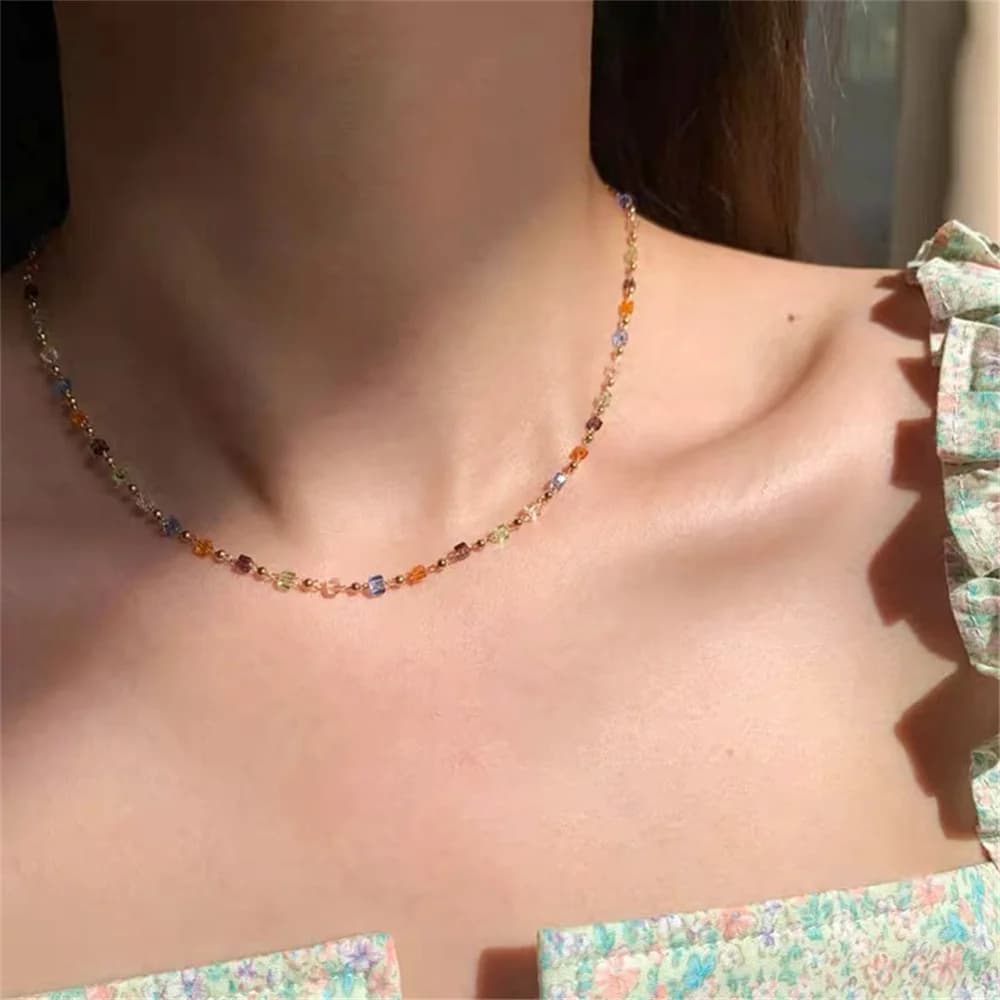 Simple Colorful Square Acrylic Choker Fashion Gold Color Bead Chain Necklace Vintage Crystal Necklace For Women Party Jewelry