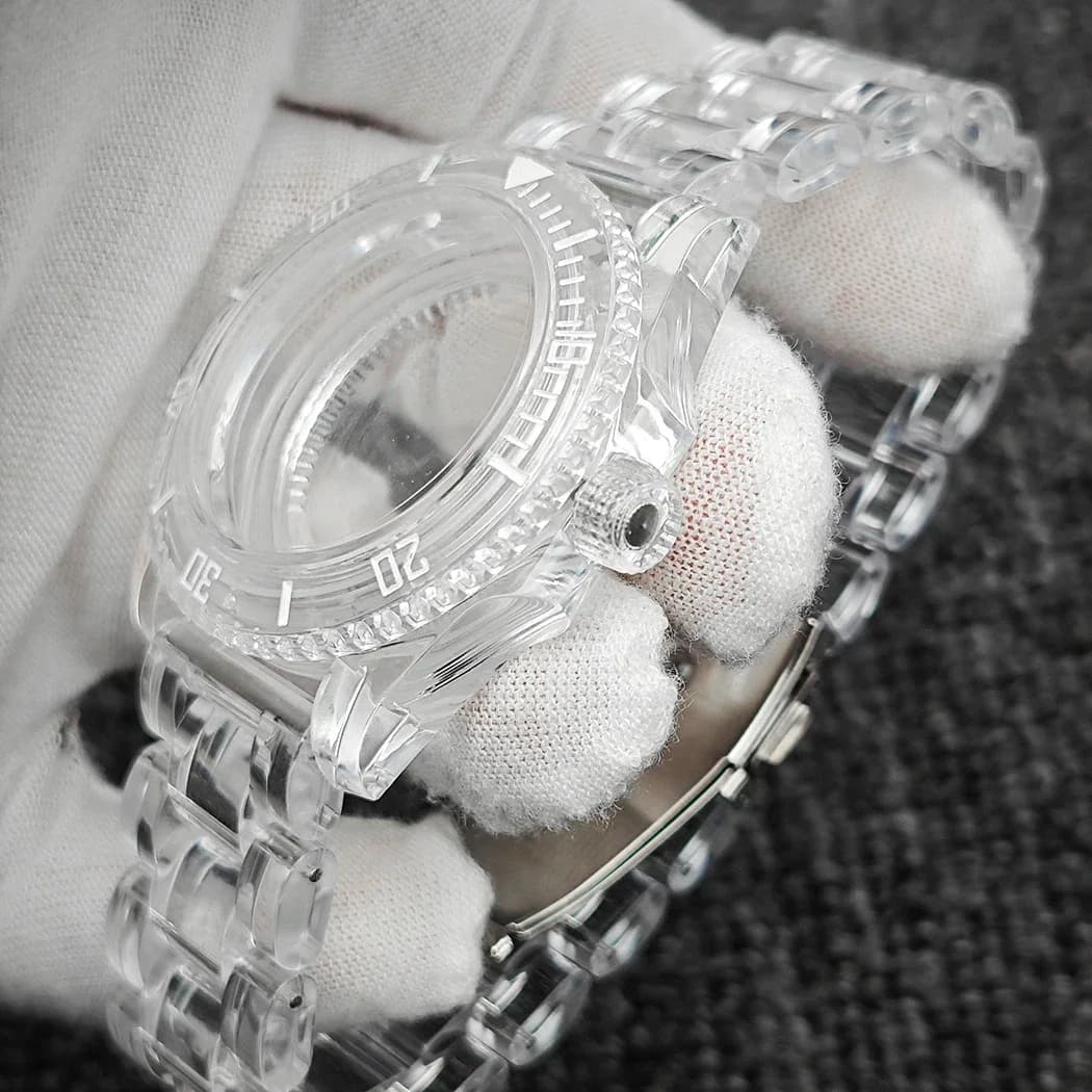 40mm Transparent Watch Case 20mm Watch Bands Set Green Luminous Acrylic Plastic Case for NH35/NH36 Movement Transparent Strap