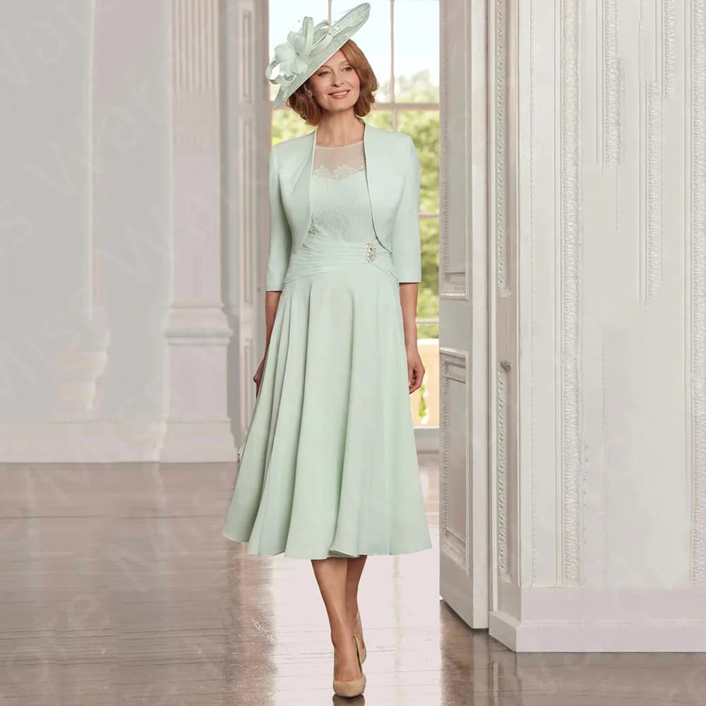 2024 Latest Mint Green Mother Dresses Tea Length Mother of the Bride Gowns with Jacket Wedding Party Gowns Lace Two Pieces