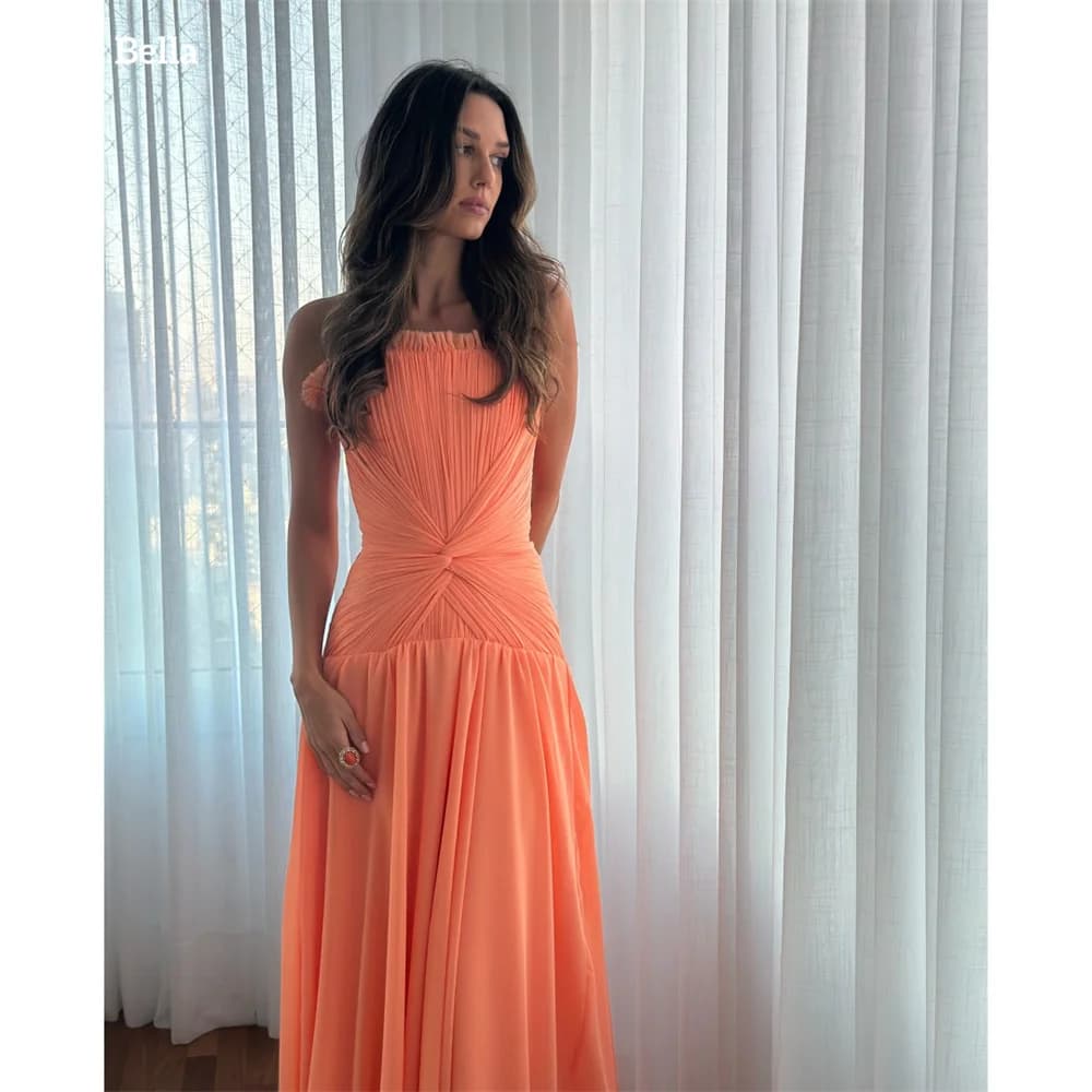 Bella Customized Orange A-Line Strapless robes de soirée Sleeveless Chiffon Chic Party Dresses Floor-Length Zip Prom Dress 2025