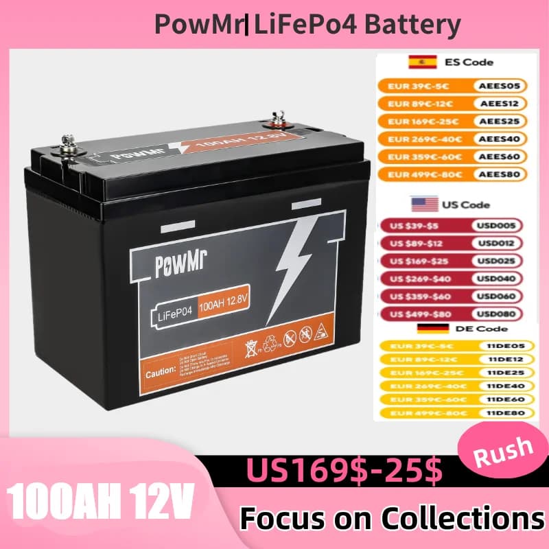 12.8V 100AH PowMr LiFePO4 Lithium Battery BMS 4 Parallel Series Lead-acid Energy Storage Battery For RV Boat Yacht Home Battery