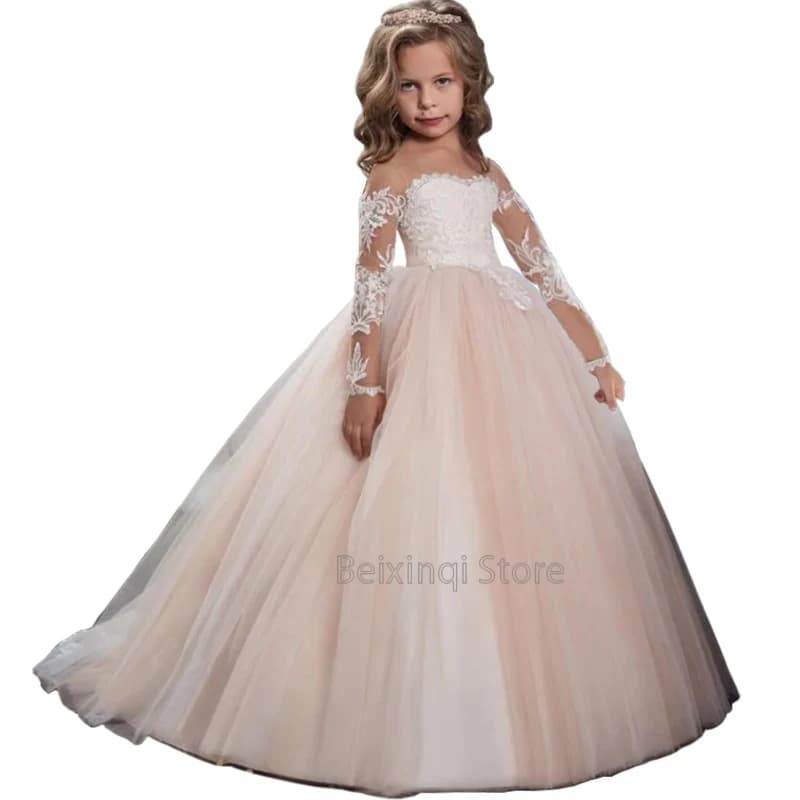 Champagne color Can custom color Flower Girl dress elegant tulle long sleeve appliques wedding princess birthday ball kids gown
