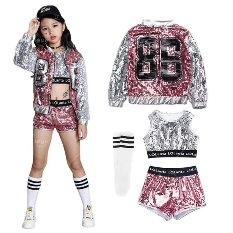 Girls Pink Sequin Crop Tops Shorts Jacket Dancewear Costume Hip Hop Modern Jazz Dance Stage Performance Wear
