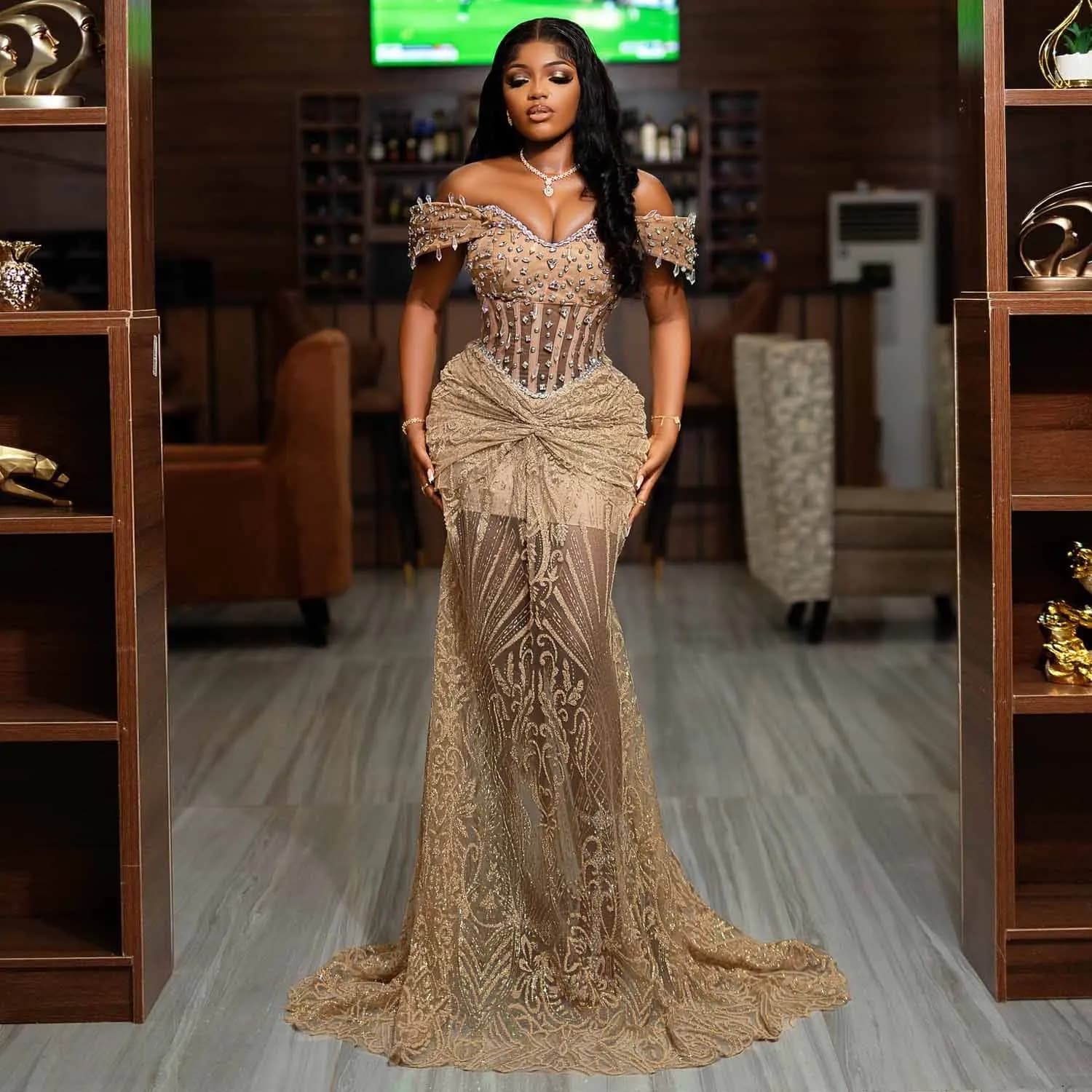 African Champagne Lace Prom Dresses with Rhinestones Off Shoulder Mermaid Black Girls Birthday Dress Formal Party Gowns Custom