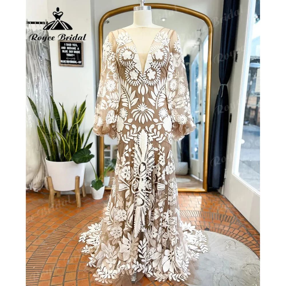 Plunging Bohemian Lace Puff Long Sleeve Boho Backless Mermaid Wedding Dress for Women 2023 V Neck Bridal Gown abito da sposa