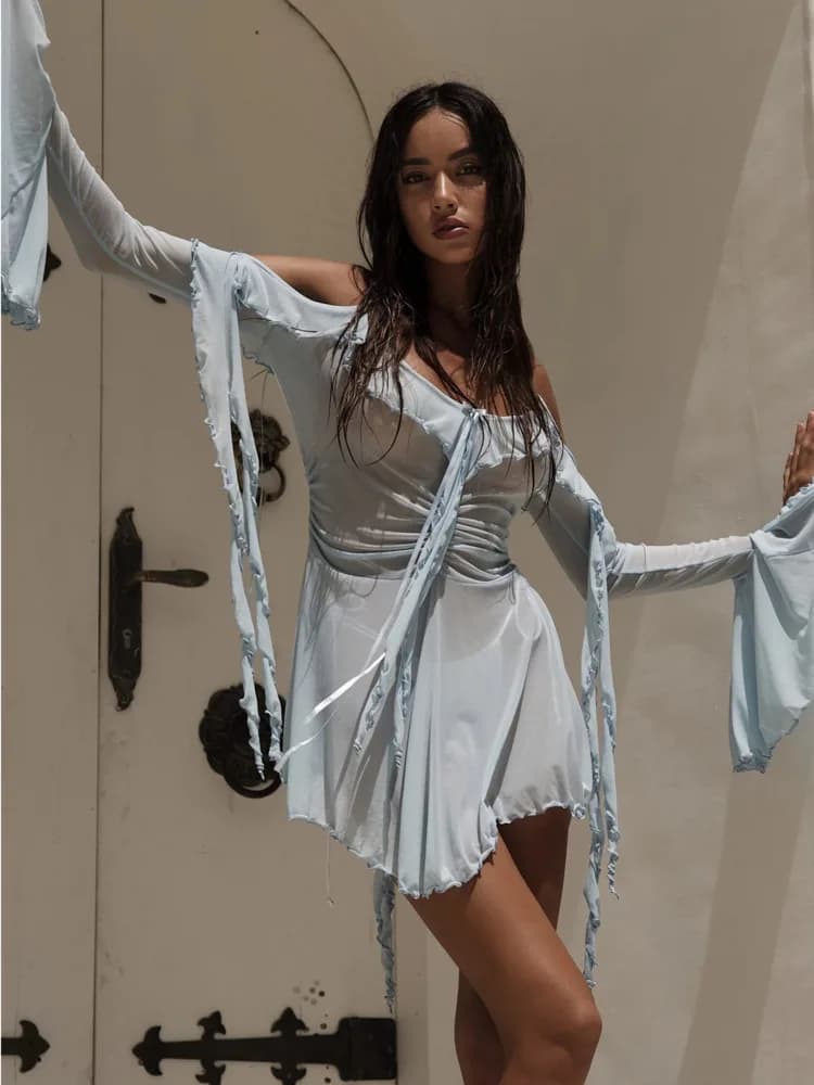 JULISSA MO Sexy See Through Mesh Women Dress Black Long Sleeve Spaghetti Strap Dress Female Summer Skinny Elegant Beachwear 2025