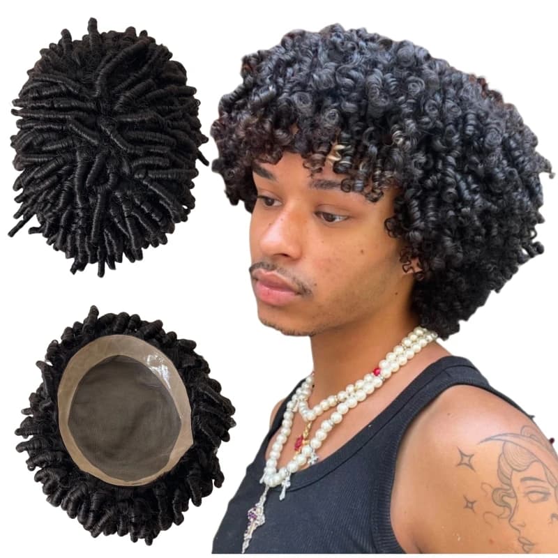 Malaysian Virgin Human Hair Replacement 16 inches Long Hair Mono Topper 15mm curl Natural Color 8x10 Mono Toupee for Black Men