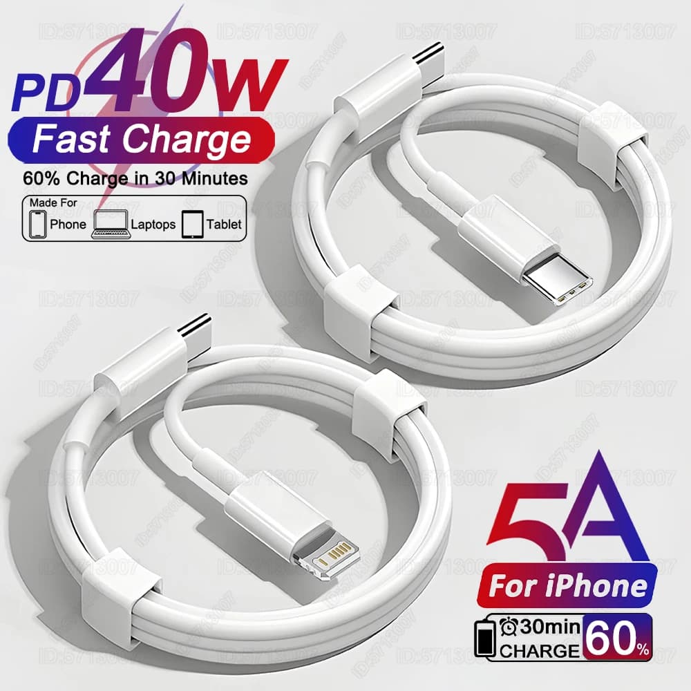 Original 40W USB Fast Charger Cable For Apple iPhone 16 15 14 13 12 11 Pro Max XS XR 8 7 Plus iPad PD Cable USB Type C Data Line